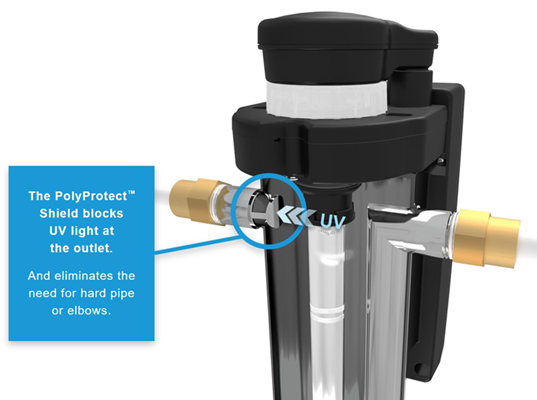 VIQUA Arros PolyProtect blocks UV light so the Arros UV can plumb directly to PEX and other polymer materials