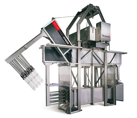 TrojanUV4000Plus wastewater disinfection system with one bank raised out of stainless-steel channel