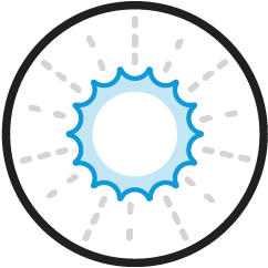 UV Treatment icon of a blue starburst within a black circle icon